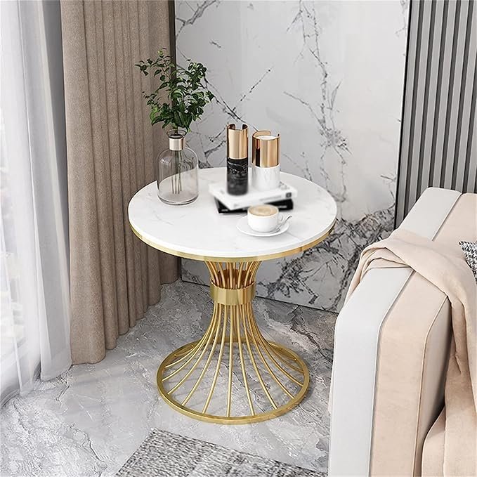 Metal Side Table, Round White Modern Home Decor Coffee Tea End Table for Living Room, Bedroom and Balcony (White & Gold)