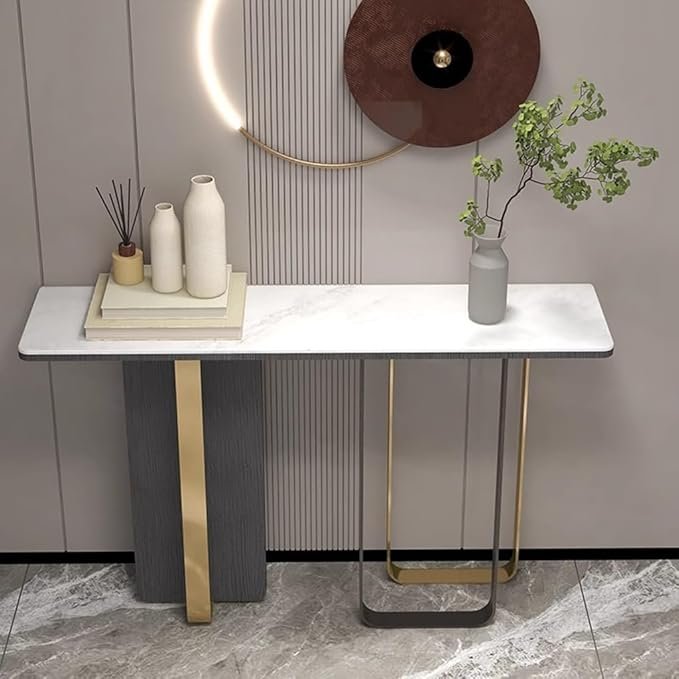 Console Table,Narrow Console Table Slim Console Table High Gloss Sintered Stone Marbles and Black Gold Legs,Rock Panel Top,Narrow Tall Sofa Side Tables,Hallway Unit (White,100x35x80cm)
