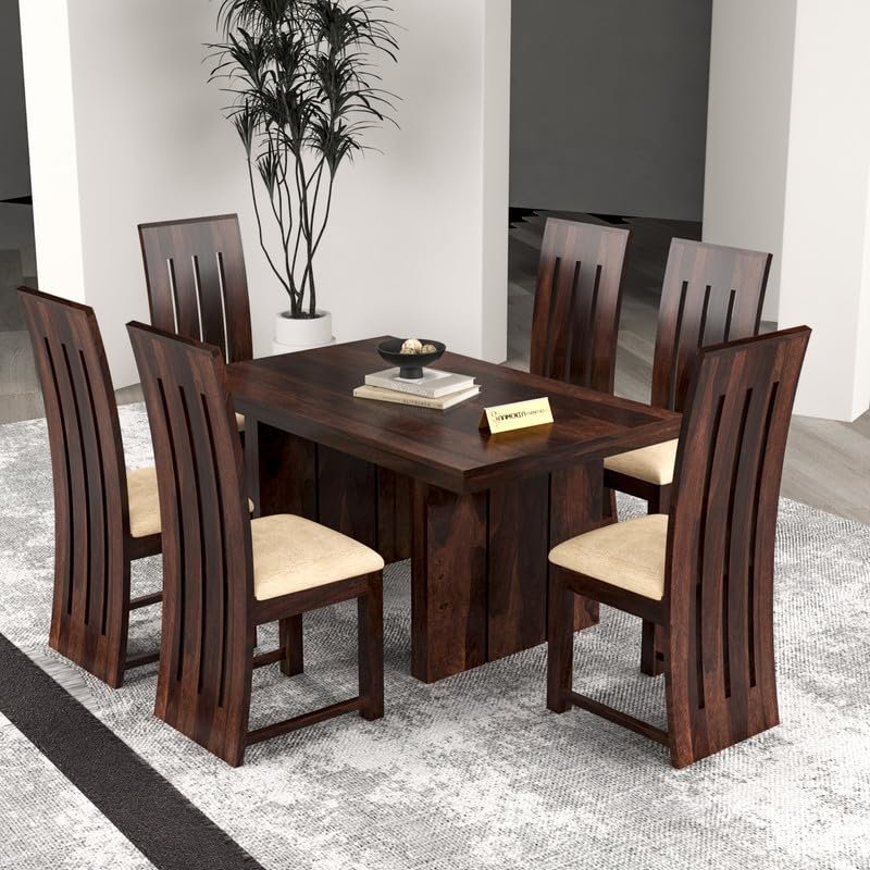 FURNESHO Solid Sheesham Wood Dining Room Sets 6 Seater Poster Dining Table with 6 Cushions Chairs for Dining Room, Living Room, Restaurant, Cafeteria...