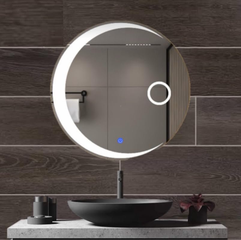 MERKEZI ART Round Shape Inbuild Led Lights Decorative Wall Mirror for Bathroom, Living Room, Bedroom, Vanity Mirrors, Makeup 24 x 24 Inch (MC07)