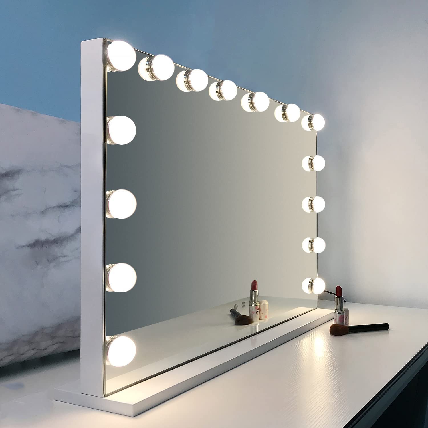 WAYKING Makeup Mirror with Lights, Hollywood Lighted Vanity Mirror with Touch Screen Dimmer, Tabletop Mirror with USB Charging Port, 3 Color Lighting Modes,...